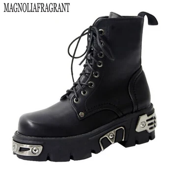 

Punk Style Platform Women Ankle Boots Women's Motorcycle Boot Fashion Ladies Chunky Shoes Metal Decor Black BIG size a178