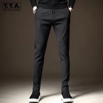 

Winter Men Elastic Waist Slim Thick Casual Trousers Fashion 2020 Warm Stretch Straight Pants High Street Pocket Business Pants