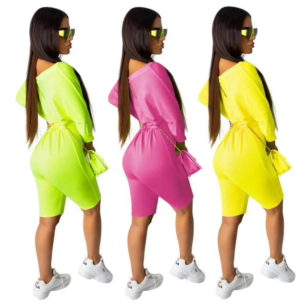 На Одно Плечо сплошной Для женщин Bodycon костюмы «плюс сайз» комбинезон для новорожденных с длинными рукавами повязки неоновый зеленый желтый Клубные пикантные короткие Jumsuits
