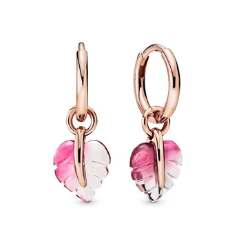 

JrSr new 100% 925 Sterling Silver Pink Murano Glass Leaf Europe Earrings 2020 Women fashion DIY Jewelry gifts Free shipping hot