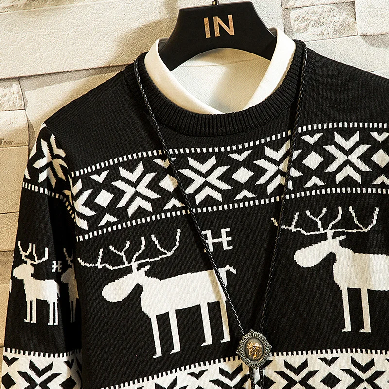 Loldeal Men Causal O Neck Sweater Deer Printed Autumn Winter Christmas Pullover Knitted Jumper Sweaters