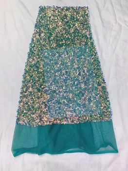 

2019 Latest African Lace Fabric High Quality French Net Embroidery Green Sequins Tulle Lace Fabric For Nigerian Party Dress