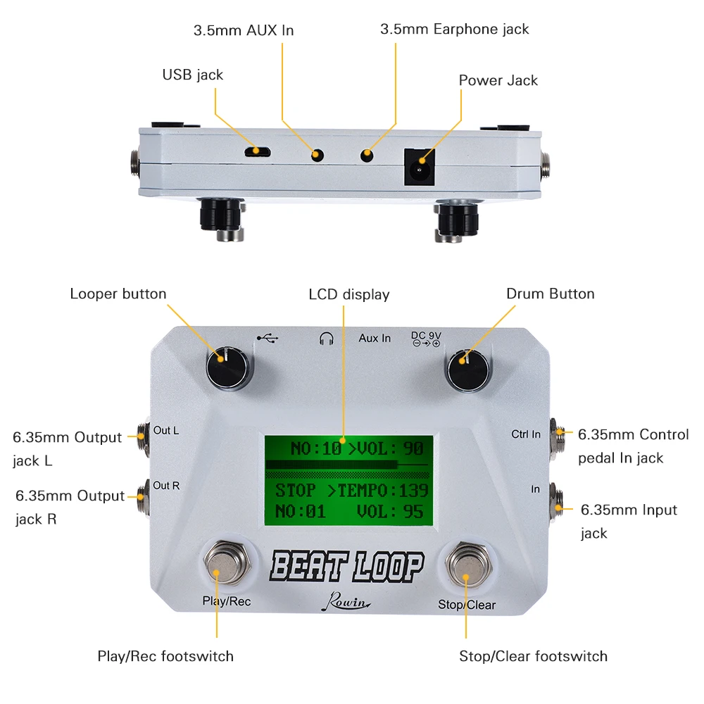 

Rowin BEAT LOOP Loop Recording Guitar Effect Pedal Looper Max 50min Recording Time Built-in 40 Drum Sounds with Pedal Footswitch