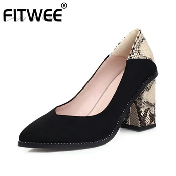 

FITWEE Plus Size 31-48 Fashion Pumps Shoes Women New Arrival Snake Print Shoes Ladies' Shallow Mouth Thick High Heels Footwear