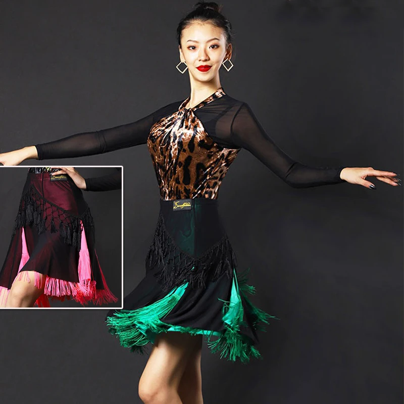 

New Latin Dance Dress Skirts Womens Fringe Dress Black Mesh Tassel Clothes Adult Rumba Party Club Performance Short Skirt 3417