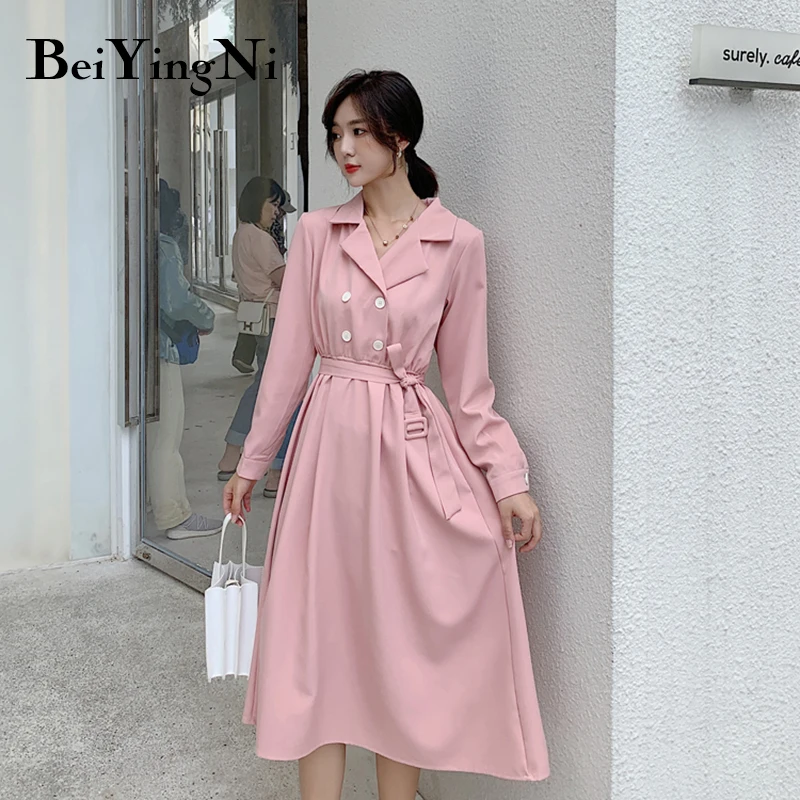 

Beiyingni Office Ladies Dress 2019 Spring Autumn Buttons Belted Pink Work Wear Dresses Women Long Sleeve Casual Party Vestidos