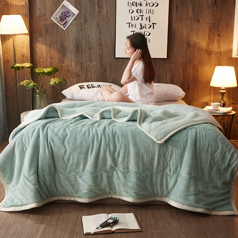 

Double sided Fleece blankets and throws Adult Thick Warm winter Blankets queen Soft Flannel green Blankets On Bed Christmas gift