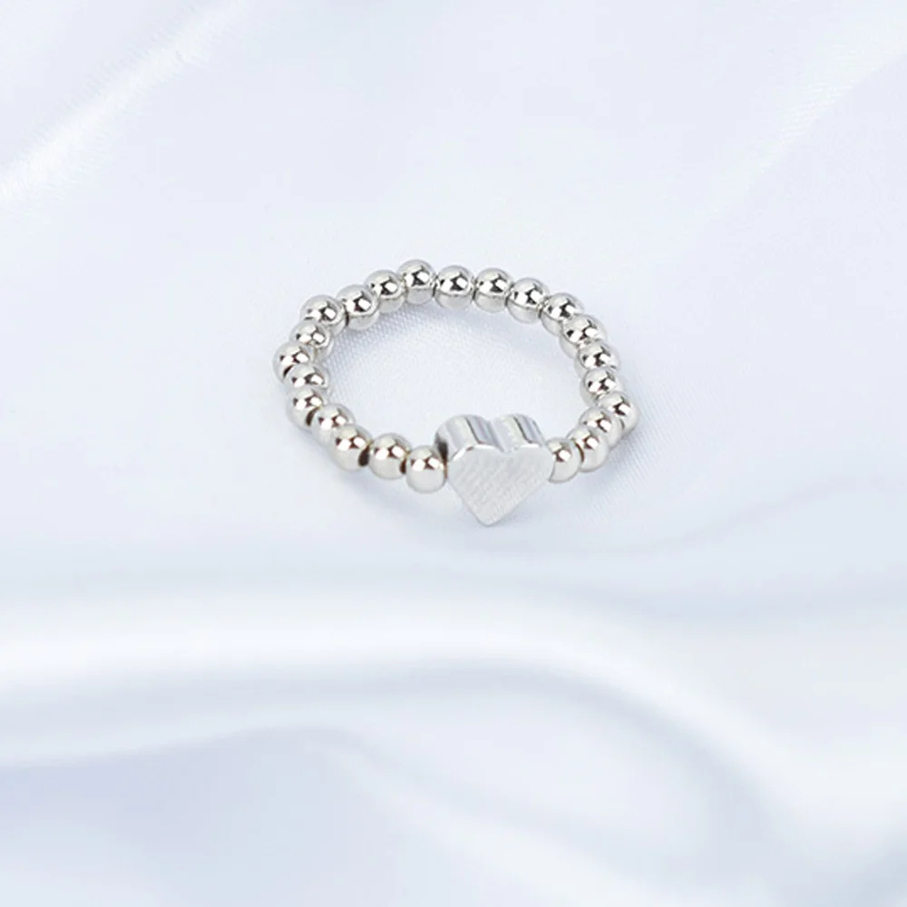 Korean Gold Color Bead Heart Rings For Women Handmade Elastic Ring Simple Adjustable Jewelry Wedding Party Gift