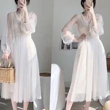 

Women Button A-Line Dress Puff Sleeve Lace Voile Mesh Vestidos Cottagecore Dress Summer Apricot Dresses Vintage Woman Clothes