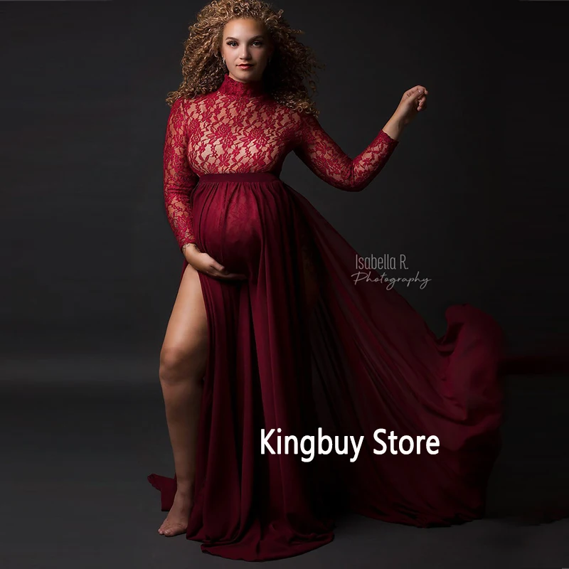 

Sexy Lace Bodysuit +High Split Pregnancy Gown Dress Photography Elegant Long Sleeve Maternity Maxi Gown Dresses for Photo Shoot