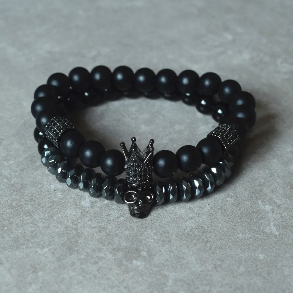

VOQ Matte Stone Beads Skull Bracelet Set Crown Men Accessories Erkek Bileklik Jewelry Mens Bracelets For Women Pulseras Mujer