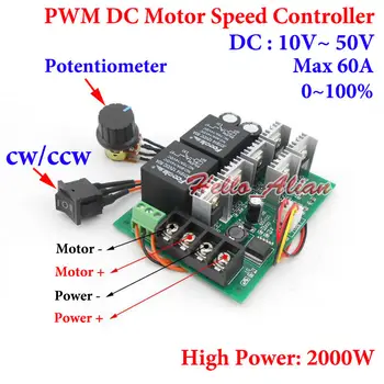 

DC 10-50V 12V 24V 36V 60A hho pwm High power DC Motor Speed Controller CW CCW Reversible Switch