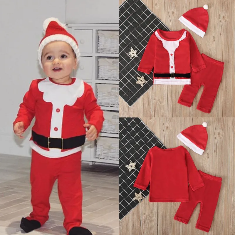 

TBaby Boy Girl Suit Children Infant Cute Christmas Long Sleeve O-Neck Cotton T-shirt Tops Trousers Hats Infant Warm Set