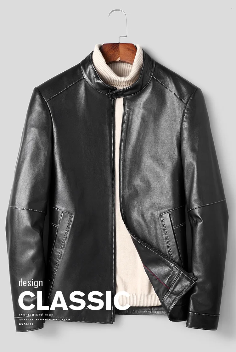 Натуральная кожаная мужская куртка из овчины, Повседневная Байкерская мотоциклетная куртка, весенне-осенние кожаные куртки D8268F J3514
