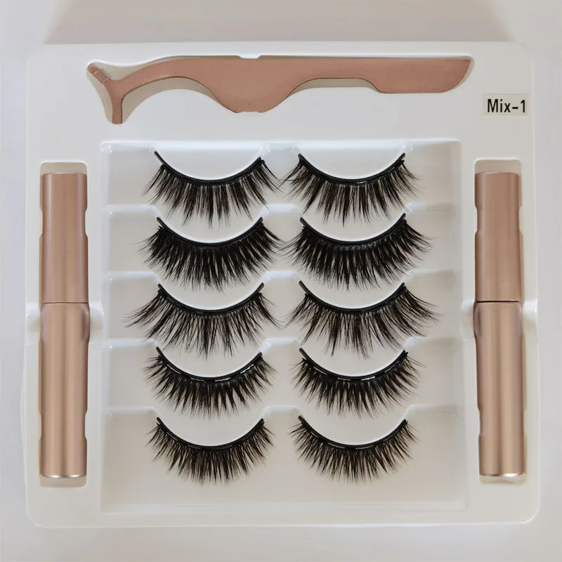 

5 Pairs Magnetic Eyelashes False Lashes Repeated Use Eyelashes Waterproof Liquid Eyeliner With Tweezer Makeup Set