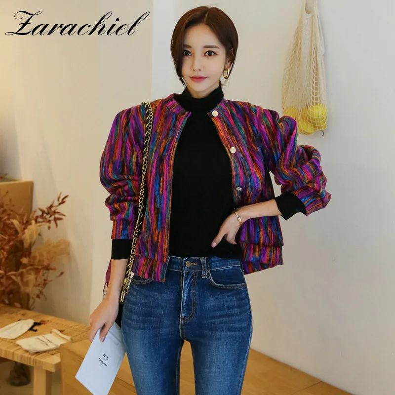 

Korea Autumn Women Fashion Cashmere Colorful Bomber Jacket Print Single-Breasted Basic Short Jackets Coat Long Sleeve Outerwear