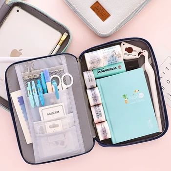 

Handbook Stationery Storage Bag Simple Lovely Cartoon Plaid Pattern Canvas Pencil Case High Capacity Multifunction Toolkit