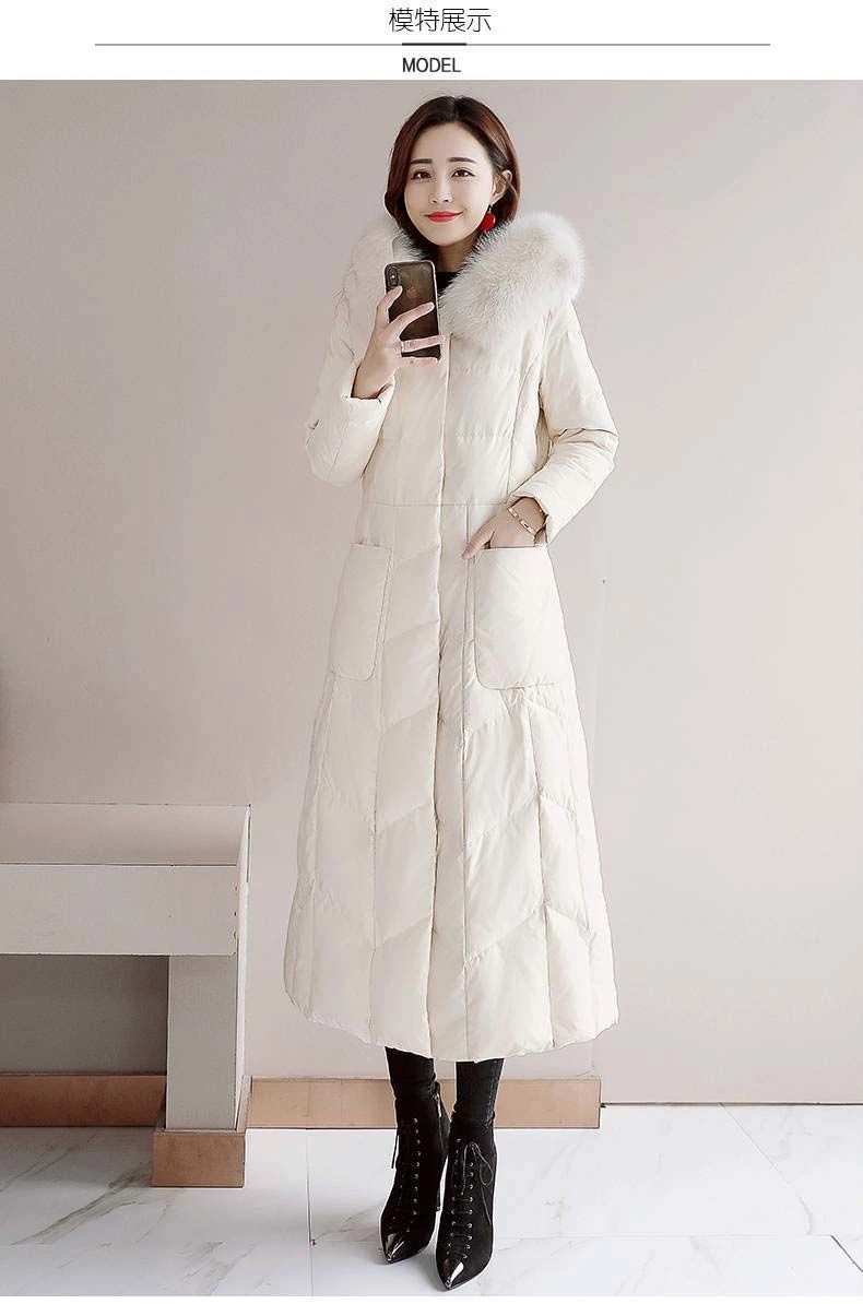 Зимний пуховик женский длинный темперамент Тонкий выше колена большой меховой воротник пальто куртка большой размер пуховик для женщин