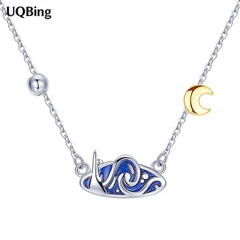 

Korean personality blue dripping Van Gogh starry sky golden 925 sterling silver moon necklaces for women jewelry