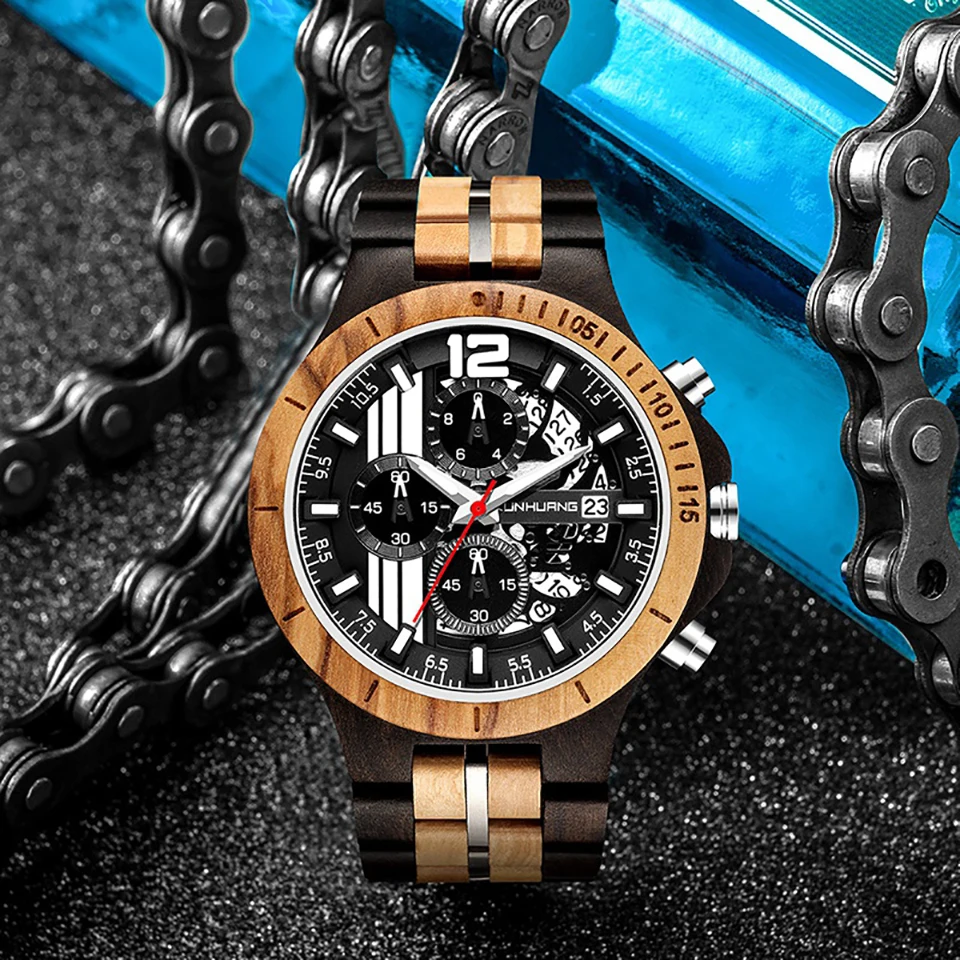 KUNHUANG Sport Top Brand Men's Watches Wooden&Steel Band Luxury Quartz Wood Wristwatches KUNHUANG Sport Top Brand Men's Watches Wooden&Steel Band Luxury Quartz Wood Wristwatches