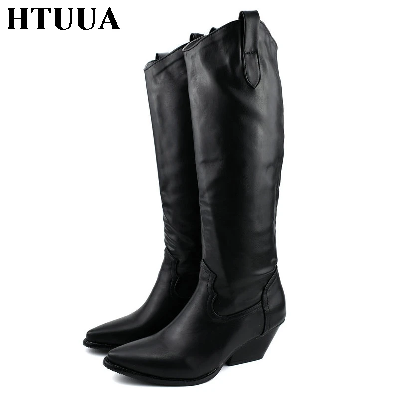 

HTUUA Fashion runway Western Cowboy Boots Women Black White PU Leather Mid-calf Chunky Wedges Boots Autumn Winter Shoes SX3308