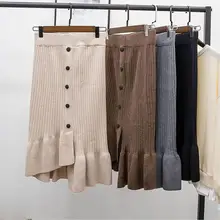 Винтажные женские юбки с высокой талией, эластичная лента, длинная трикотажная юбка, ассиметричная Русалочка, толстый теплый свитер, юбка на осень и зиму