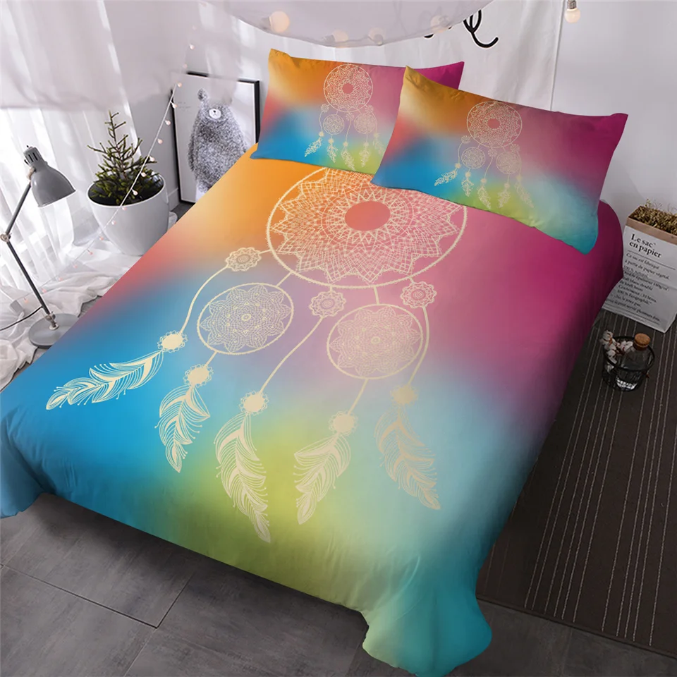 

HM Life Dreamcatcher Bedding Set Colorful Duvet Cover Set 3 Pieces Abstract Style Comforter Cover Feathers Printed Bedclothes