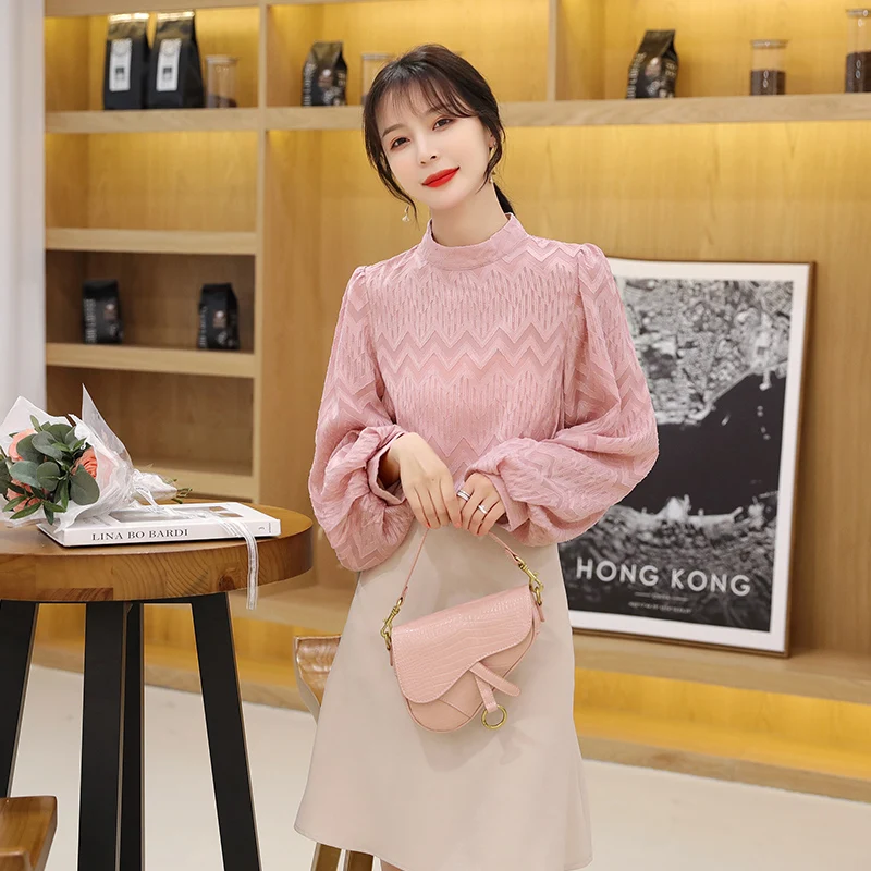 

COIGARSAM Korea Style blouse women New Spring Office Lady Lace Chiffon Loose blusas womens tops and blouses Pink 1843