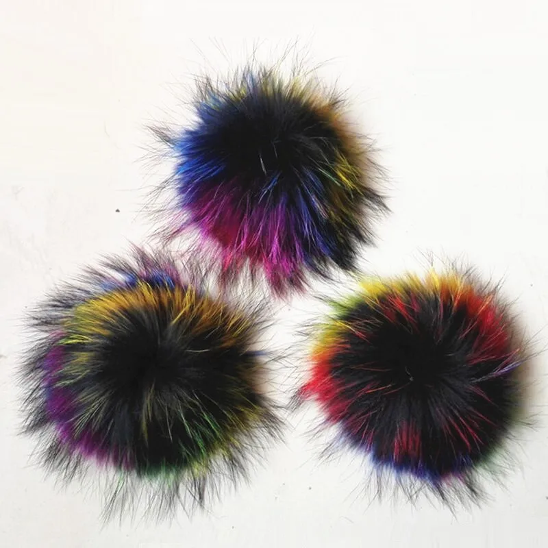 

Rainbow Big Real Fur Pom pom Multicolor Fluffy Raccoon Fur Pompoms Hairball For Knitted Hats Beanies Caps Winter Hats Bags Cloth