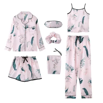 WomenPajamasSetsSpringSummer7PcsSetSilkPrintShortsLongSleeveTopElasticWaistPantsFullLoungeSleepwearNightwear