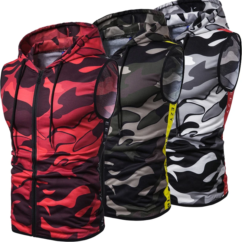 Chaleco con capucha camuflaje con cremallera sin mangas para hombre a la moda