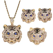

Foydjew Fashion Design Micro-inlaid Diamond Domineering Tiger Rings Female Sapphire Leopard Necklace Zodiac Tiger Earrings Sets