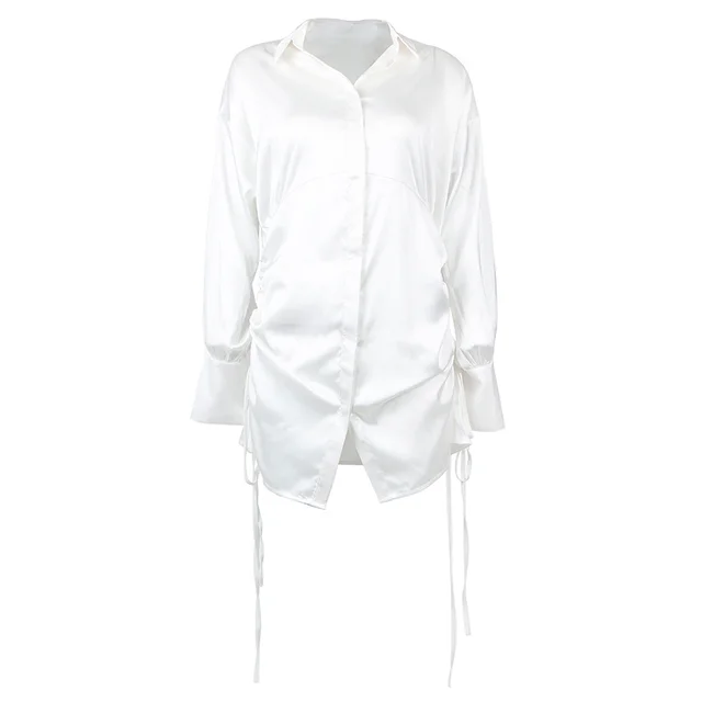 Kendall Jenner Inspired Shirt Dress Drawstring White Silk Long Sleeves Casual Outwear 3