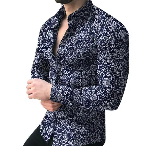 Мужская весенне-осенняя Модная Повседневная блуза с цветочным принтом и длинным рукавом на пуговицах, повседневная мужская блузка с воротником, новинка - Цвет: Тёмно-синий