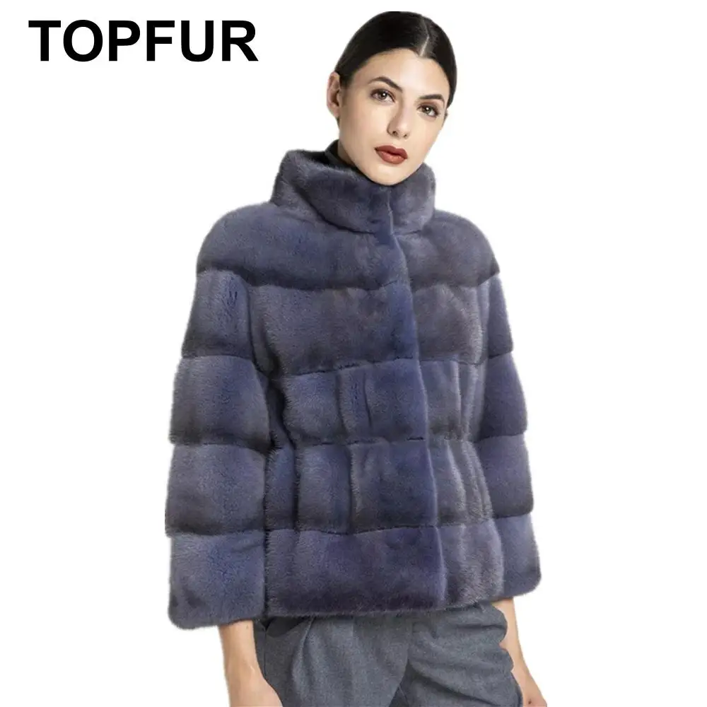 TOPFUR Dark Gray Jacket Women Leather Jacket Plus Size Winter Coat Women Real Fur Coat With Fur Collar Nine Quarter Sleeves