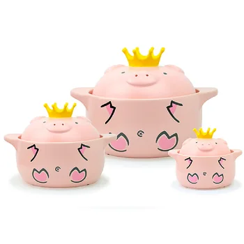 

Creative Ceramic Double Ear Casserole With Lid And Long Handle Pink Cute Home Piglet Casserole Stew Pot