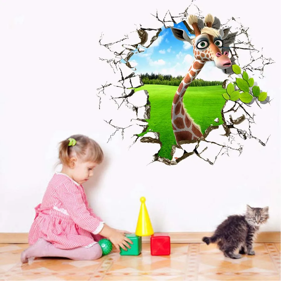 Wild Animal Giraffe Elephant Break the Wall 3D Sticker 3D Effect Decals for Kids Children Nursery Baby Room Living Room Sofa background Decoration Home Art Vinyls Mural Creative Removable Self-adhesive Wallpaper Gift (4)