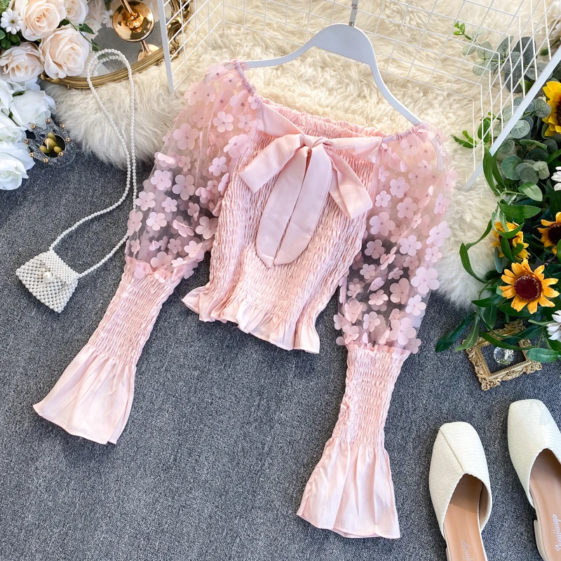 French Vintage Flower Mesh Patchwork Puff Sleeve Blosue Women Sweet Bowknot Off Shoulder Short Shirts Sexy Streetwear Tee Tops