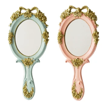 

2x Cute Creative Vintage Hand Mirrors Makeup Vanity Mirror Handheld Cosmetic Mirror with Handle for Gifts Blue & Pink