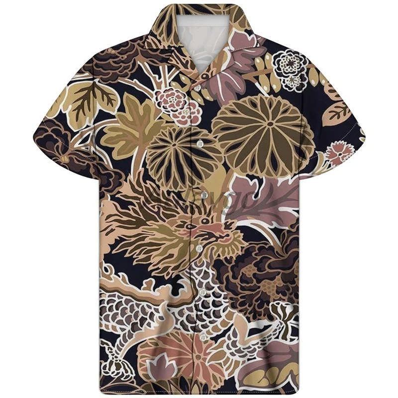 

Summer Man Shirt Chinese Traditional Dragon Printed Stand Collar Short Sleeve Loose Hawaiian Shirt Men Clothing Koszula 2020