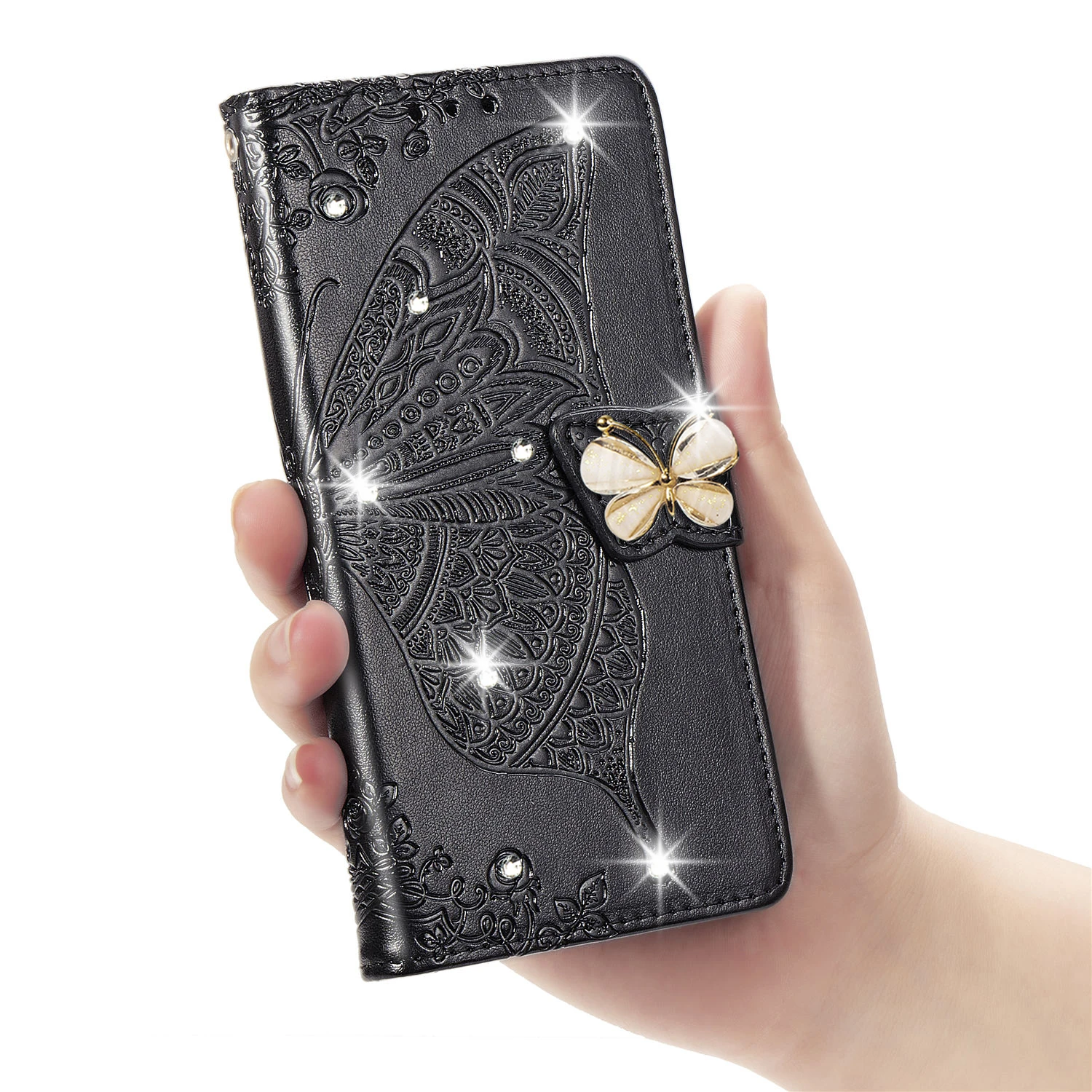 Кожаный чехол с бабочкой для huawei Honor 9X8 s 7s 8a 10i 20i 20 10 9 Lite Pro Стразы чехол-книжка для Honor 9X8 s 7s - Цвет: Черный