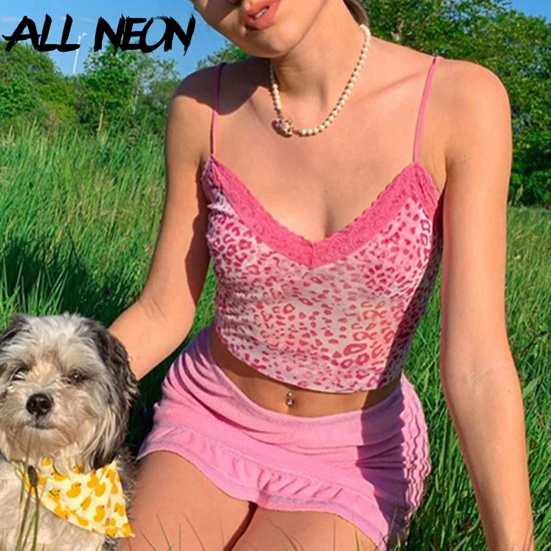 ALLNeon E girl Y2K ярко розовый Леопардовый принт V образный вырез с кружевом топы милые