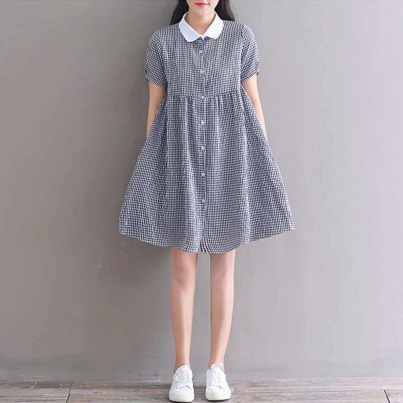 

Japanese Mori Girl Summer Shirt Buttons Robe Femme Short Female Dress Peter Pan Collar Plaid Sleeve Elegant Vintage Baggy Dresse