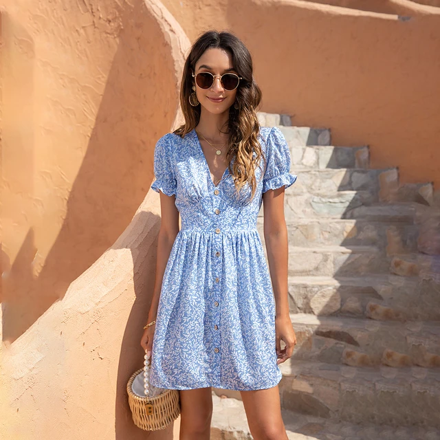 Women Short Sleeve Floral Mini Dress Casual Green Print Puff Sleeve Dresses Summer 2021 Ladies Sexy V Neck Button Beach Dress Blue
