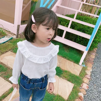 

Girls T-shirts baby bottoming shirt 2019 autumn Korean style lace collar doll shirts long sleeves