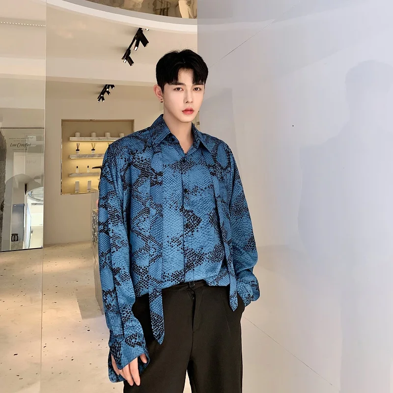 Men Long Sleeve Tie Bow Collar Loose Casual Shirt Male Women Vintage Snake Print Streetwear Hip Hop Party Dress Shirts