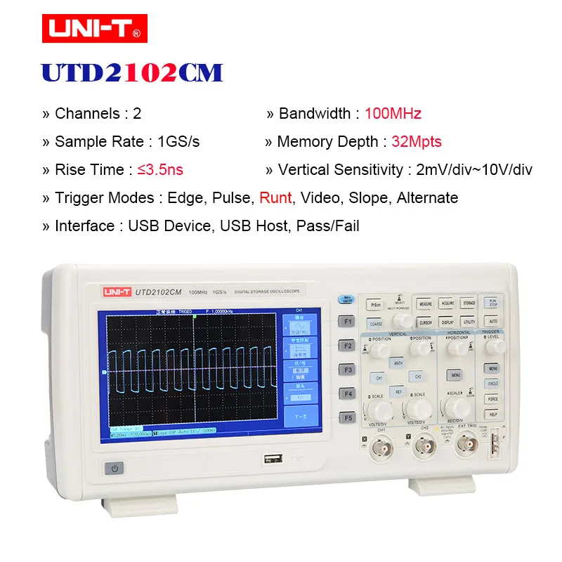 Цифровой Осциллограф 2 канала 1GS/s частота дискретизации Рабочий стол osciloscope UNI-T UTD2062CM/2102 CM/2202 CM 7 дюймов TFT lcd - Цвет: UTD2102CM 100MHz