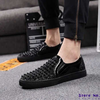 

Luxury Brand Men Loafers Black Diamond Rhinestones Spikes Men Shoes Rivets Casual Flats Sneakers Wholesale G14-73
