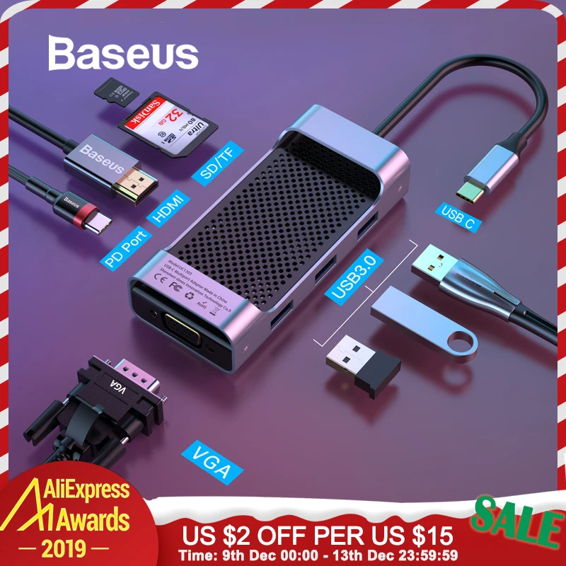 Comprar Baseus USB C HUB USB 3,0 HDMI RJ45 VGA divisor USB para MacBook Pro aire de tipo C HUB para Huawei Mate 20 Pro Samsung S9 S10