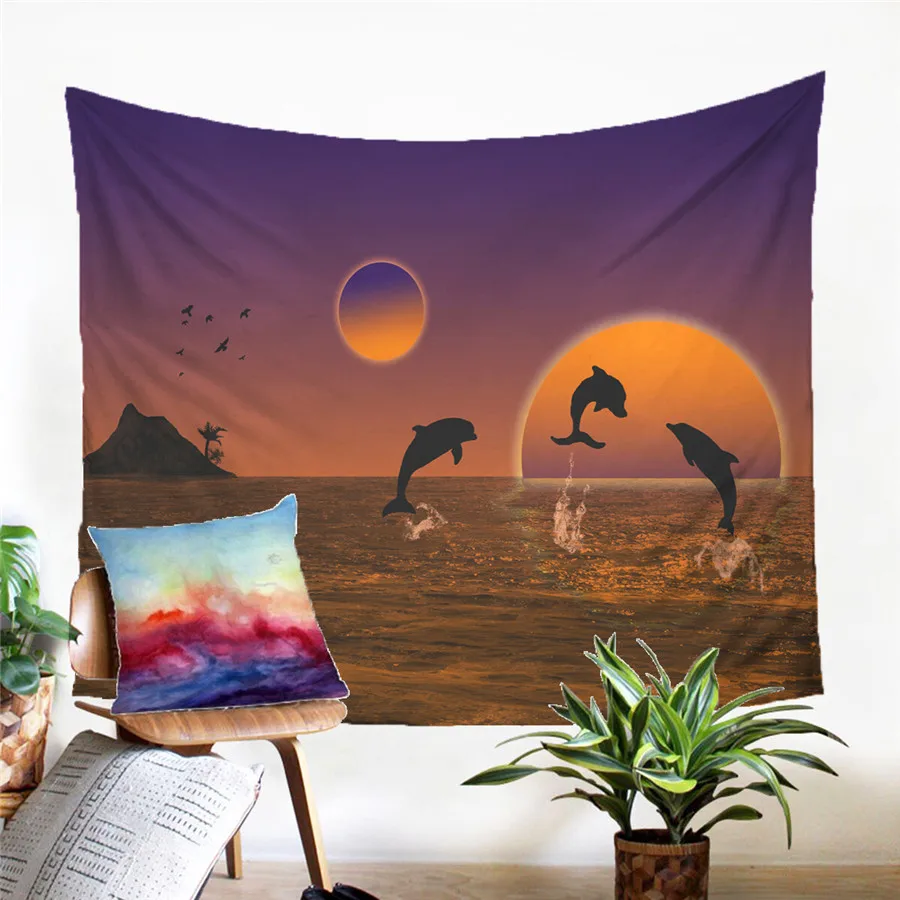 

A Dolphin Tapestry Wall Hanging Sandy Beach Picnic Rug Camping Tent Sleeping Pad Home Decor Bedspread Sheet Wall Cloth